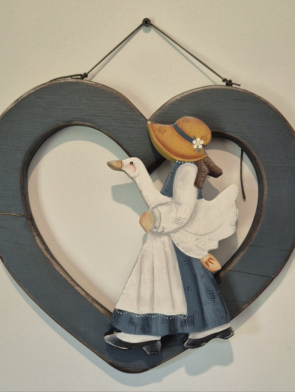 Vintage 80s Country Goose Wood Wall Decor Heart Folk Art Cottagecore